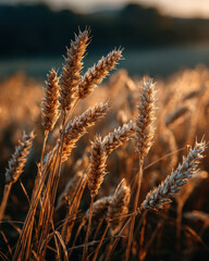 Fototapeta premium Golden wheat stalks sway gently in sunlit field, capturing essence of serene rural landscape