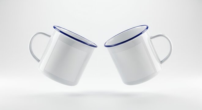 Two white enamel mugs toasting against a clean white backdrop, symbolizing friendship and shared moments of warmth and connection.