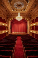 Obraz premium An exquisite, high-angle view of a luxurious, empty performing arts venue, showcasing an opulent interior ready for a grand spectacle. Rows of plush, red velvet seats extend towards a magnificent stag