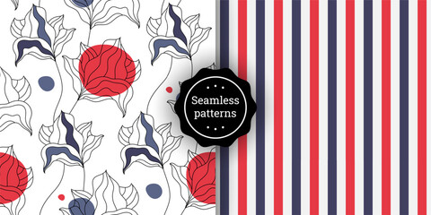 Set of seamless vector patterns with abstract floral and striped designs in red, blue, and white. Modern, minimalist backgrounds perfect for fabric, packaging, wallpaper, and branding projects.