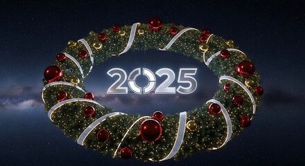 A festive wreath with ornaments and lights displaying the year two thousand and twenty five in the center