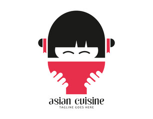 Asian Cuisine Logo with Minimalist Girl and Red Bowl – Restaurant Branding PNG