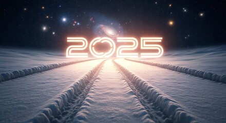 Glowing year ahead with snowy path and starry night sky anticipation for the future in winter season