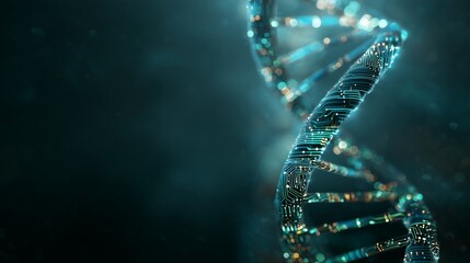 A glowing double helix DNA strand made of digital circuits, representing biotechnology, genetic research, and the future of medicine.