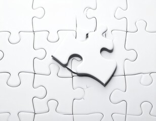 Obraz premium White Puzzle Pieces with One Piece Slightly Raised in Center Macro Studio Shot