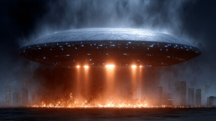 UFO hovering over a cityscape with glowing lights and smoke.