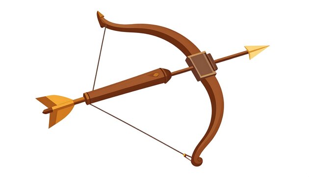 A detailed cartoon illustration of a wooden crossbow and arrow against a stark white background. The bow features a dark brown color