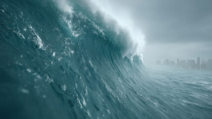 Obraz premium Massive ocean wave crashing near city skyline under stormy skies.