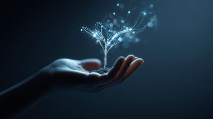 Human hand gently nurturing a glowing digital sapling, a concept of human-AI collaboration, tech ethics, and controlled innovation.