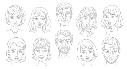 Collection of diverse faces, including young and elderly, expressing various emotions and gestures, depicted in a simple line drawing style.