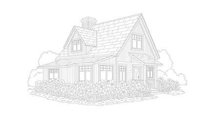 Line drawing of a house with a gabled roof, chimney, windows, and surrounding bushes.