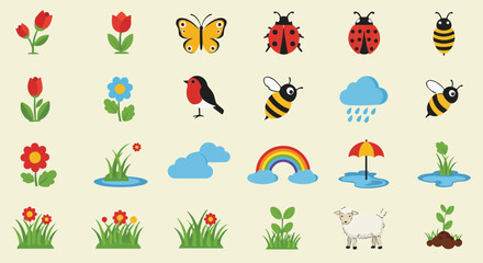 A charming collection of vibrant spring nature icons, featuring colorful flowers, playful insects, a cheerful robin, and whimsical weather elements.