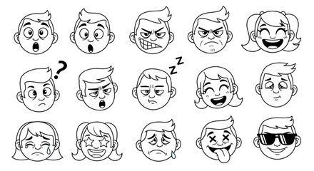 Cartoon faces showing various emotions: surprise, anger, joy, sadness, confusion, and other expressions.