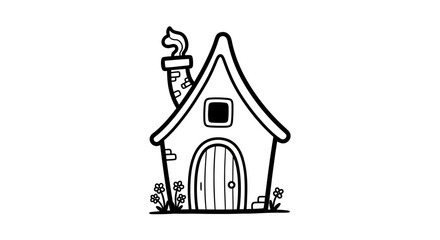 Simple black and white illustration of a whimsical cottage with chimney and door.