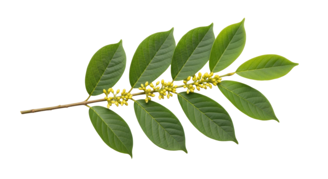 Isolated twig of Sandalwood tree with green leaves and tiny yellow flowers, aromatic wood plant