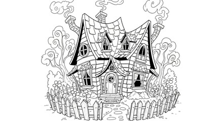 Whimsical cartoon house with curved roof, smoking chimneys, surrounded by a picket fence and trees.