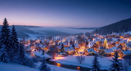 A snowy village nestled amongst trees at dusk with christmas lights and a river running through it