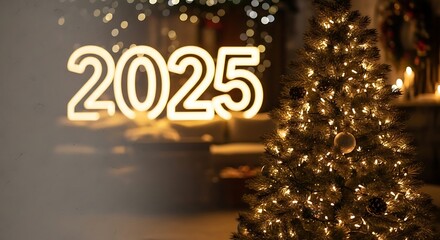 Illuminated year sign with decorated christmas tree and bokeh lights in a festive setting indoors