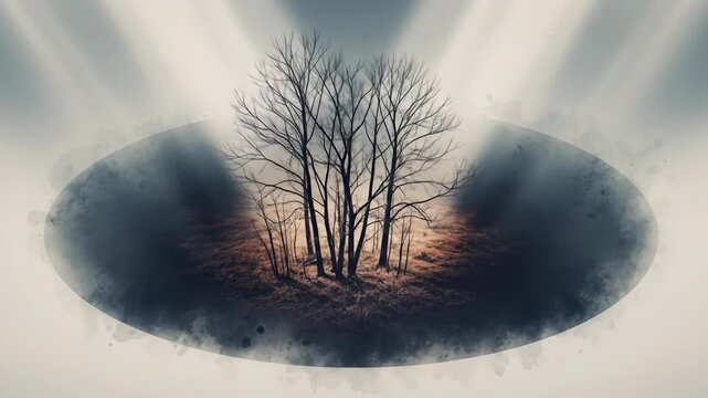 Bare trees stand in a field, framed by an oval and radiant light