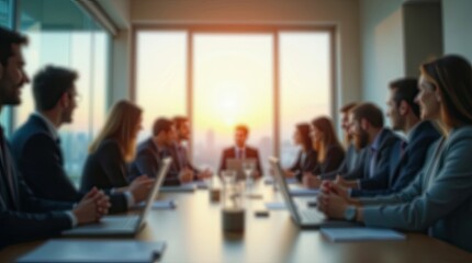 Blurred view of a corporate meeting with business people sitting around a conference table against a bright window with lens flare and city views