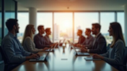 Blurred image of professionals in a modern boardroom meeting, bathed in warm sunset light — ideal for business, teamwork, and corporate concepts.