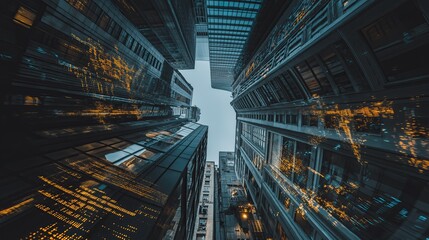 Upward view of towering skyscrapers with illuminated windows and data overlays at dusk, dramatic perspective of modern financial district architecture