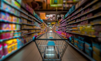 Shopping cart perspective in supermarket aisle with blurred background of shelves and customers, representing retail consumer experience and grocery shopping journey