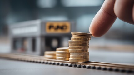 A person's finger is carefully placing a stack of gold coins on a miniature train track, symbolizing the concept of financial investment and the journey of wealth growth.