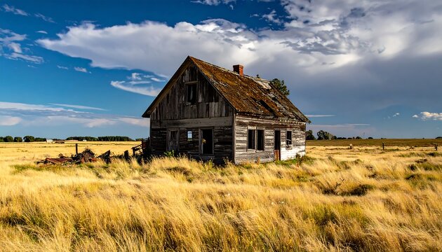 Abandoned Wooden House in Overgrown Field Under Dramatic Cloudy Sky