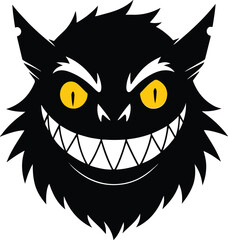 Vector a scary black monster face with sharp teeth and yellow eyes, isolated on white background
