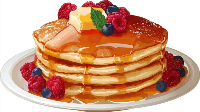 Stacked pancakes topped with butter, raspberries, blueberries, and syrup