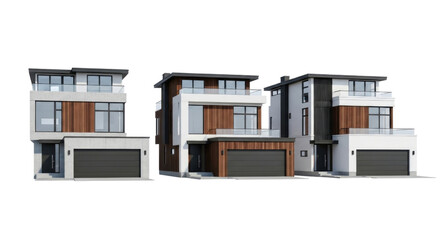 Three modern houses with garages and balconies isolated on transparent background