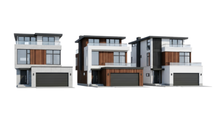 Three modern houses with garages and balconies isolated on transparent background