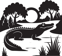 Vector silhouette of an alligator in a swampy landscape with trees and a sun behind a mountain range