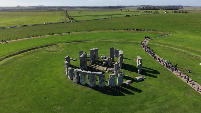 Drone view of Stonehenge and Wiltshire Countryside in England, UK. The stone circle dates to 3000 BC and is one of the best known ancient wonders of the world and UNESCO World Heritage Site.