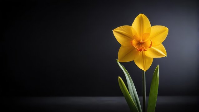 Golden yellow narcissus flower blooms solo against a sleek black background