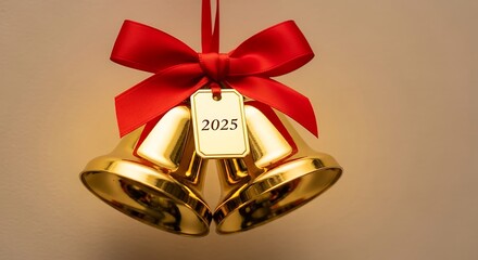 Two golden bells with a red bow and a tag displaying the year two thousand and twenty five hanging