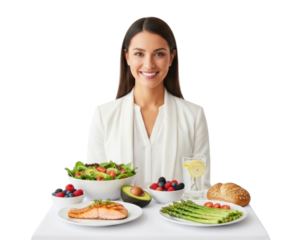 Woman with healthy food meal isolated on transparent background