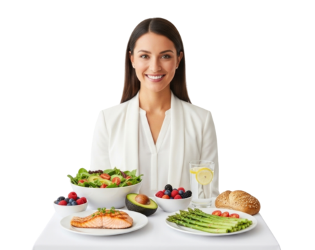 Woman with healthy food meal isolated on transparent background - Powered by Adobe
