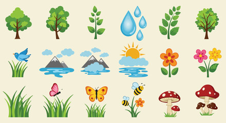 A vibrant collection of whimsical nature illustrations, featuring trees, plants, animals, and natural elements, perfect for design.