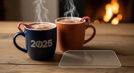 Two mugs of hot chocolate with candy canes on a wooden table near a fireplace background scene