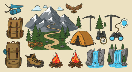 An illustrated collection showcasing camping and hiking elements, including mountains, backpacks, and outdoor adventure essentials.