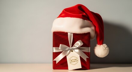 A red gift box with a white bow and a santa hat on top with a tag that says 2025 on it