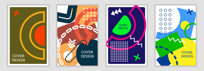 Bright background in Memphis style. Set of 4 geometric cover designs. Fashionable bright cover, banner, poster