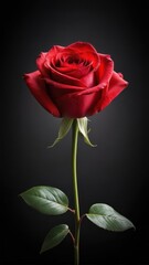 Fototapeta premium Single red rose with intricate details on a dark black background