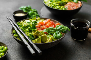 salmon, avocado and edamame bean bowl
