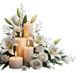 Candles and flowers arrangement isolated on transparent background