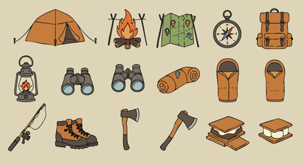 A collection of camping essentials, including a tent, campfire, map, compass, backpack, and various outdoor equipment, illustrated on a neutral background.