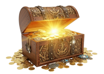 Treasure chest overflowing with gold coins isolated on transparent background