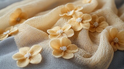 Delicate yellow flowers on sheer fabric, close-up